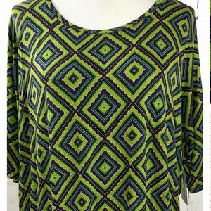 LuLaRoe M Irma Tunic, bright green, purple, blue, stretchy fabric, half sleeve.